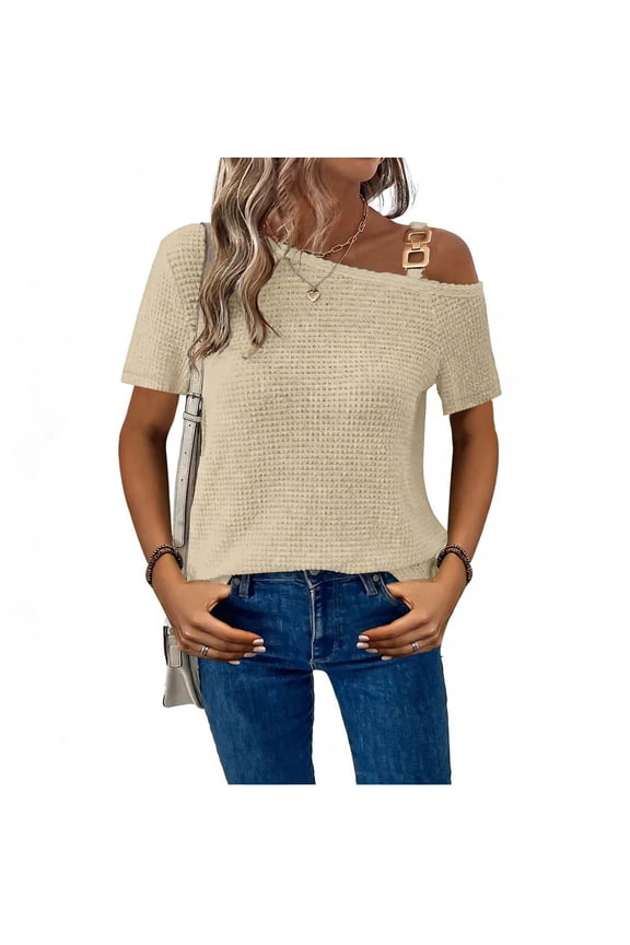 Women's Knit Cold Shoulder Top with Asymmetrical Buckle Strap, Soft Breathable Fabric, and Casual Loose Fit Gift