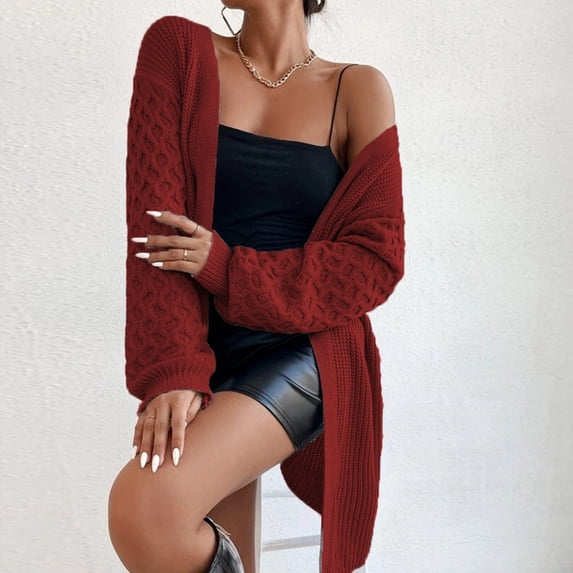 TaTaai Women's Lantern Sleeve Cardigan Mid Length Knit Solid Color Open Front Jacket for Fall Winter