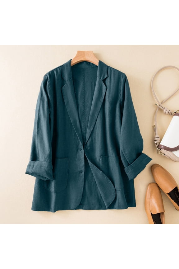 Women's Linen Blazer Long Sleeve Open Front Cardigan with Pockets Lightweight Jacket for Spring Summer