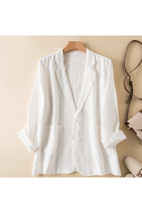 Women's Linen Blazer Long Sleeve Open Front Cardigan with Pockets Lightweight Jacket for Spring Summer