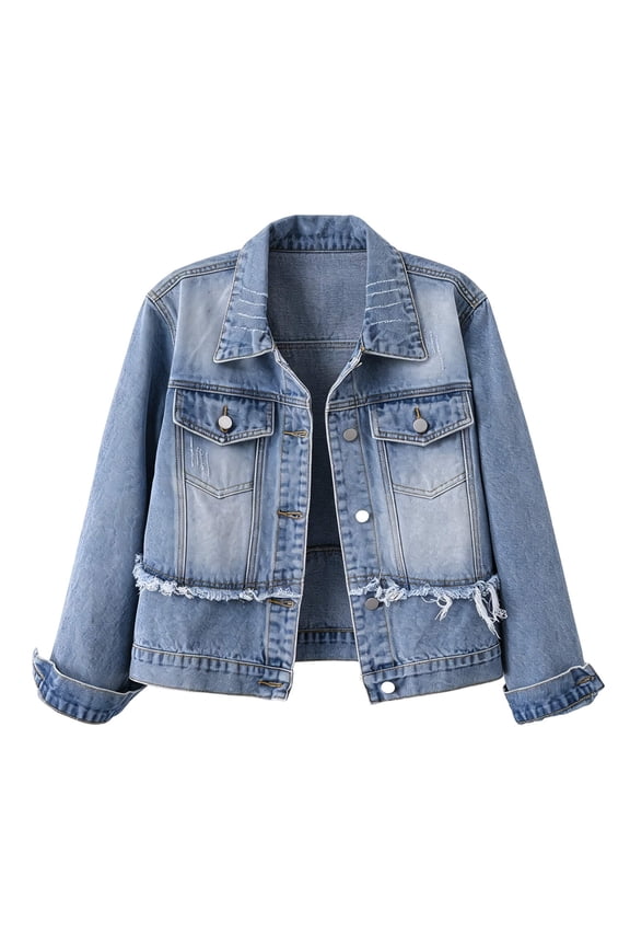 Women's Long Sleeve Denim Jacket Solid Color Lapel Casual Trucker Coat with Pockets for Daily Spring Fall