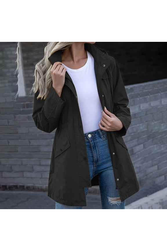 Women's Long Waterproof Windbreaker Jacket Hooded Raincoat with Drawstring Waist for Hiking Travel Daily