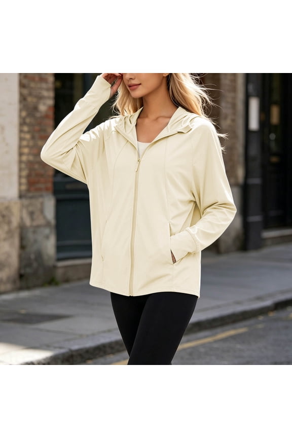 Women's Loose Fit Hooded Sunscreen Jacket UPF50+ Long Sleeve Zip Up with Pockets for Hiking Beach Travel