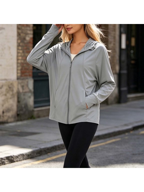 Women's Loose Fit Hooded Sunscreen Jacket UPF50+ Long Sleeve Zip Up with Pockets for Hiking Beach Travel