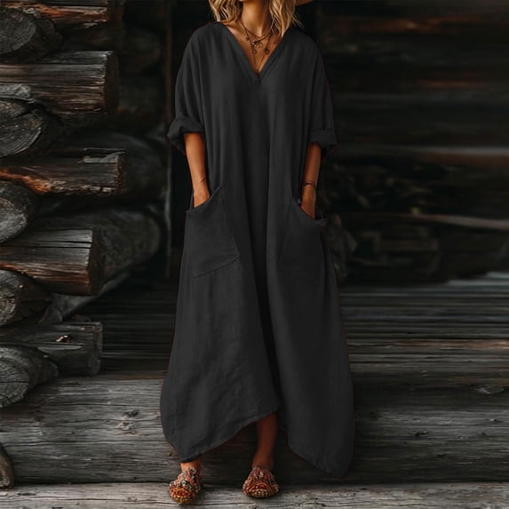TaTaai Women's Loose Fit Maxi Dress Solid Color V-Neck Three-Quarter Sleeve Linen Feel with Pocket Detail Irregular Hem Casual Gift
