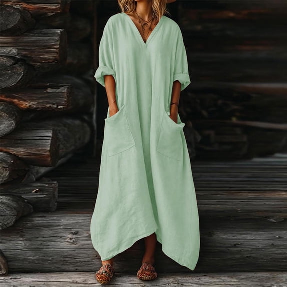 TaTaai Women's Loose Fit Maxi Dress Solid Color V-Neck Three-Quarter Sleeve Linen Feel with Pocket Detail Irregular Hem Casual Gift