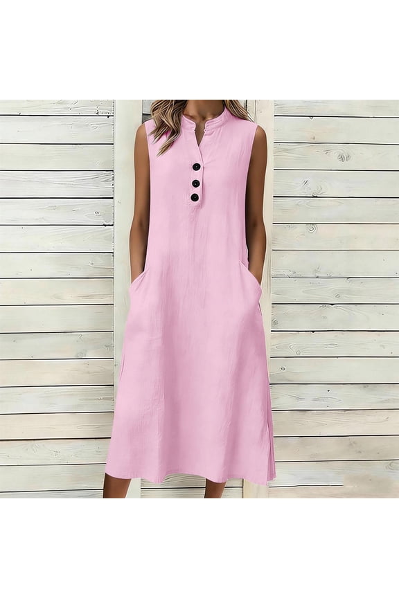 Women's Loose Fit Slip Dress Solid Color Sleeveless V-Neck Linen Feel Button Front Casual Maxi Dress Summer Pocket Detail Gift