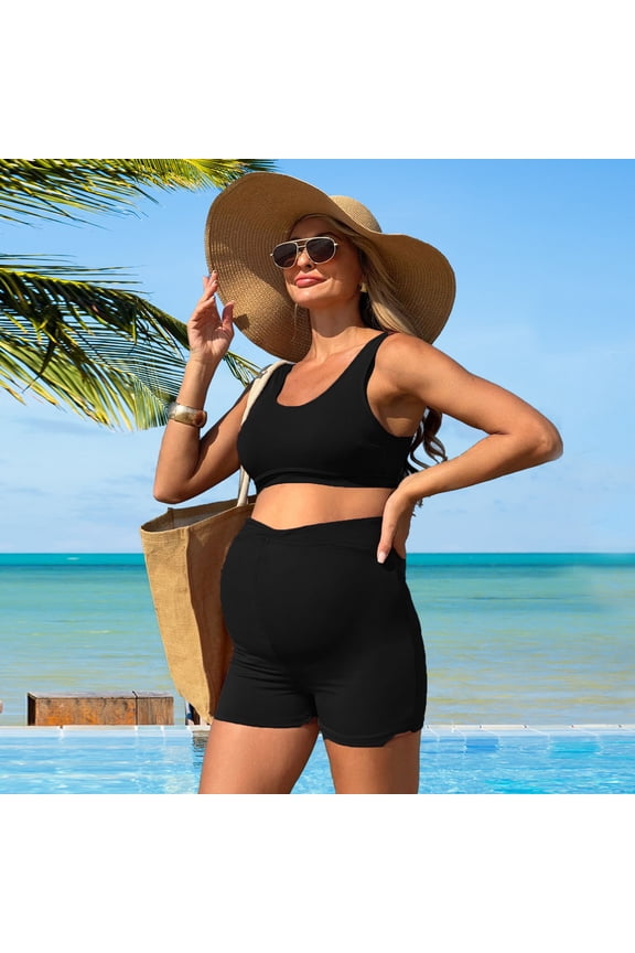 Women's Maternity High Waist Bikini Set, Solid Color Two Piece with Adjustable Straps, Supportive Beachwear for Vacation, Pool Activities and Summer Holiday Gift