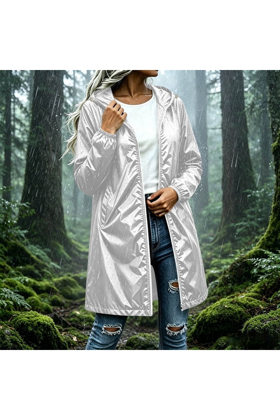 Women’s Mid Length Hooded Raincoat Waterproof Long Sleeve Jacket with Pockets for Rainy Season Travel