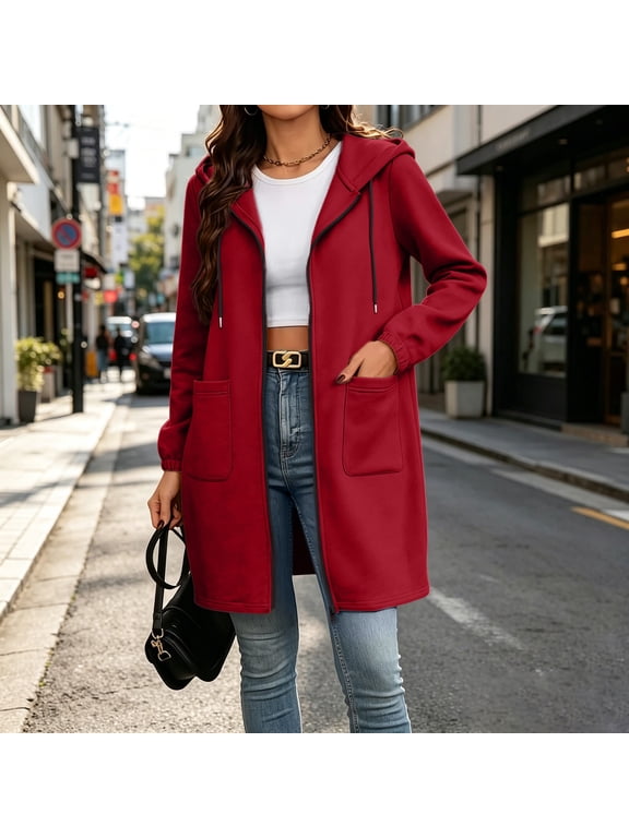 Women's Mid Length Hooded Sweatshirt Jacket Long Sleeve Fleece Casual Coat with Pockets for Winter