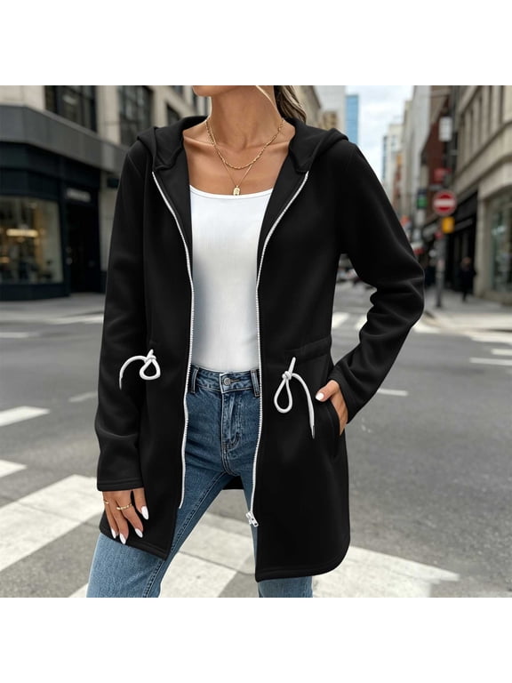 Women's Mid Length Zip Up Hoodie Solid Color Casual Sweatshirt Jacket with Pockets for Winter Daily Wear