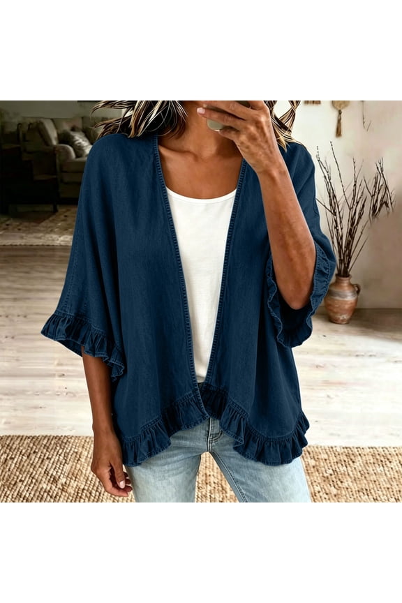 Women's Open Front Denim Jacket Ruffle Hem Flared Sleeve Loose Casual Shacket for Spring Summer