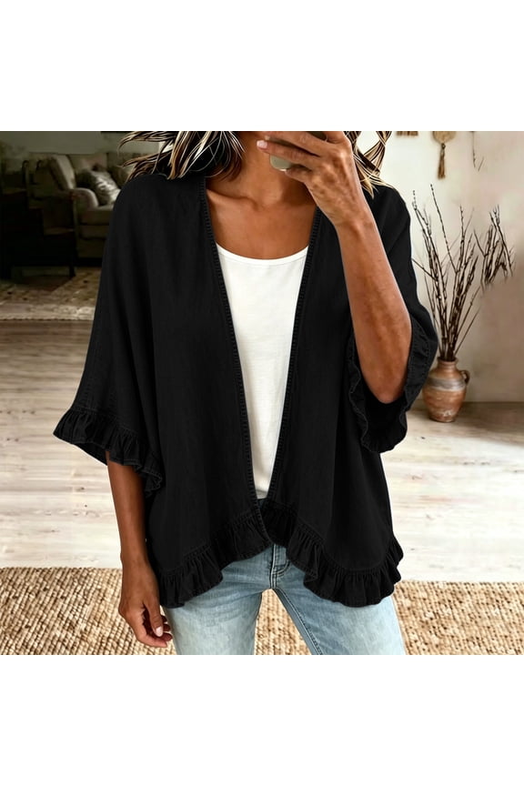 Women's Open Front Denim Jacket Ruffle Hem Flared Sleeve Loose Casual Shacket for Spring Summer
