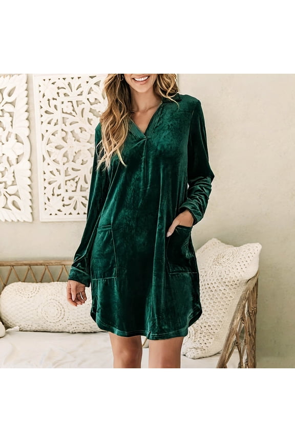 Women's Party Velvet Gown V Neck Long Sleeve Knee Length Elegant Casual Soft Stretchy Cocktail Evening Dress for Daily Gift