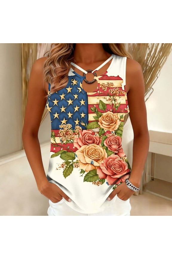 Women's Patriotic Pullover Tank with Round Neck, Independence Day Print, and Lightweight Breathable Comfort Gift