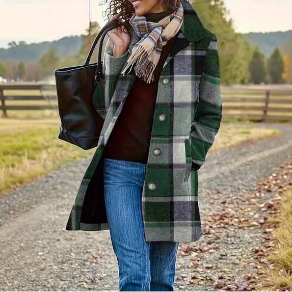TaTaai Women’s Plaid Mid Length Wool Blend Coat Lapel Button Down Pocket Outerwear Loose Fit for Fall Winter Daily Layering