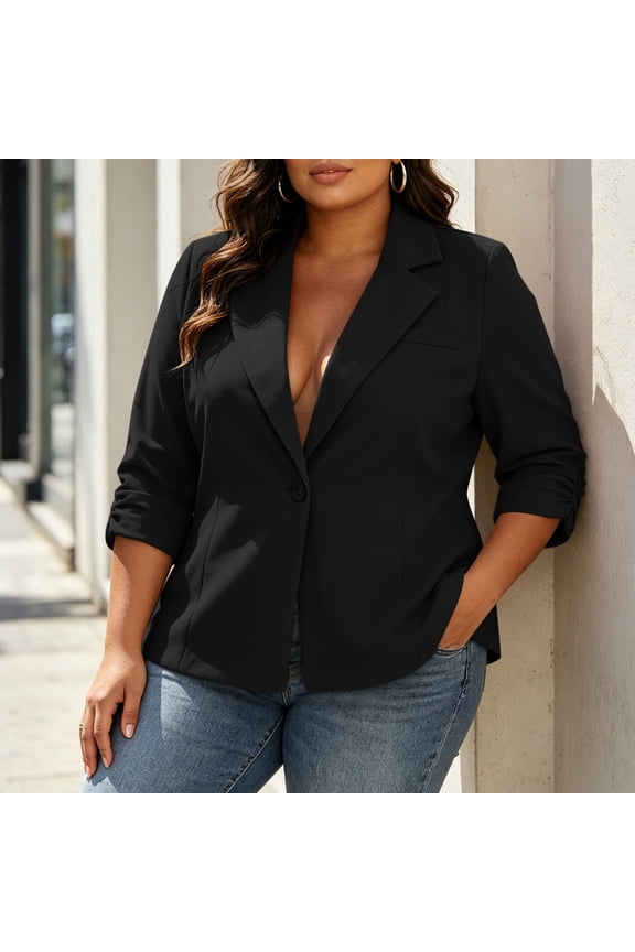 Women's Plus Size 3/4 Sleeve Blazer Pleated Lapel Single Button Jacket with Pockets Shoulder Pads for Office