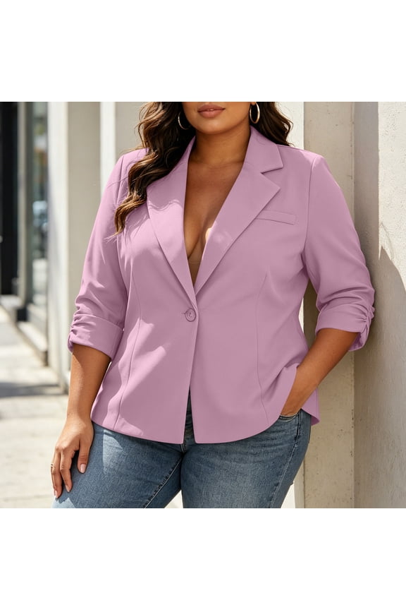 Women's Plus Size 3/4 Sleeve Blazer Pleated Lapel Single Button Jacket with Pockets Shoulder Pads for Office