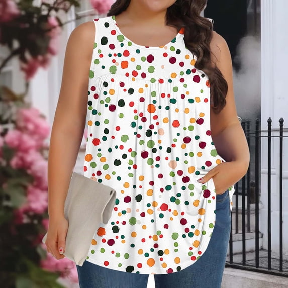 TaTaai Women's Plus Size Fashionable Printed Blouse with Round Neck, Sleeveless Design, and Loose Comfortable Fit Gift