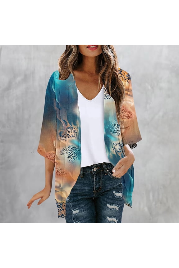 Women's Plus Size Lightweight Printed Cardigan Long Sleeve All-Over Floral Open Front Casual Jacket Gift