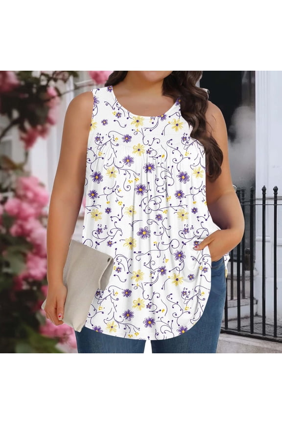 Women's Plus Size Loose Fit Tank Top with All-Over Pattern, Round Neck, and Soft Stretchy Fabric Gift