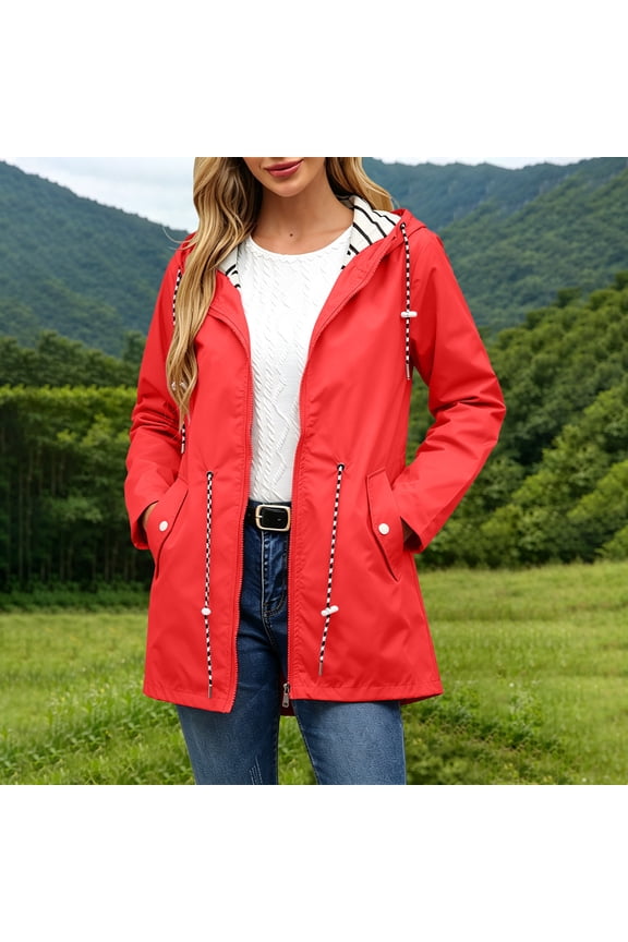Women’s Plus Size Mid Length Waterproof Hooded Rain Jacket with Striped Lining for Hiking Travel Daily