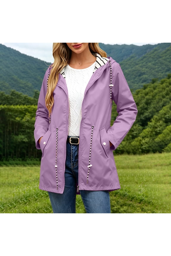 Women’s Plus Size Mid Length Waterproof Hooded Rain Jacket with Striped Lining for Hiking Travel Daily