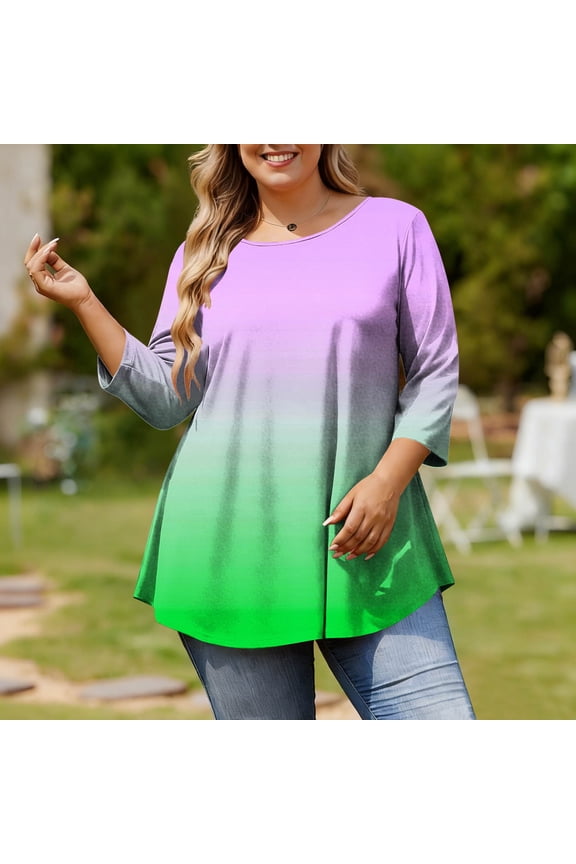 Women's Plus Size Ombre Print T-Shirt Round Neck 3/4 Sleeve Loose Fit Casual Top Gradient Color Design Modern Spring Blouse Gift