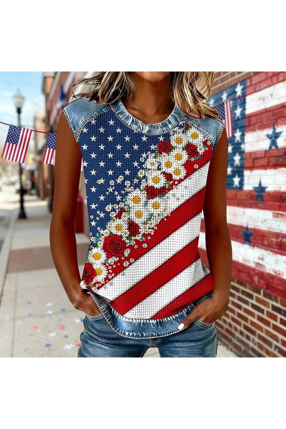Women's Plus Size Patriotic Sleeveless Tank Round Neck Denim Patchwork Waffle Texture Printed Loose Casual Top Gift