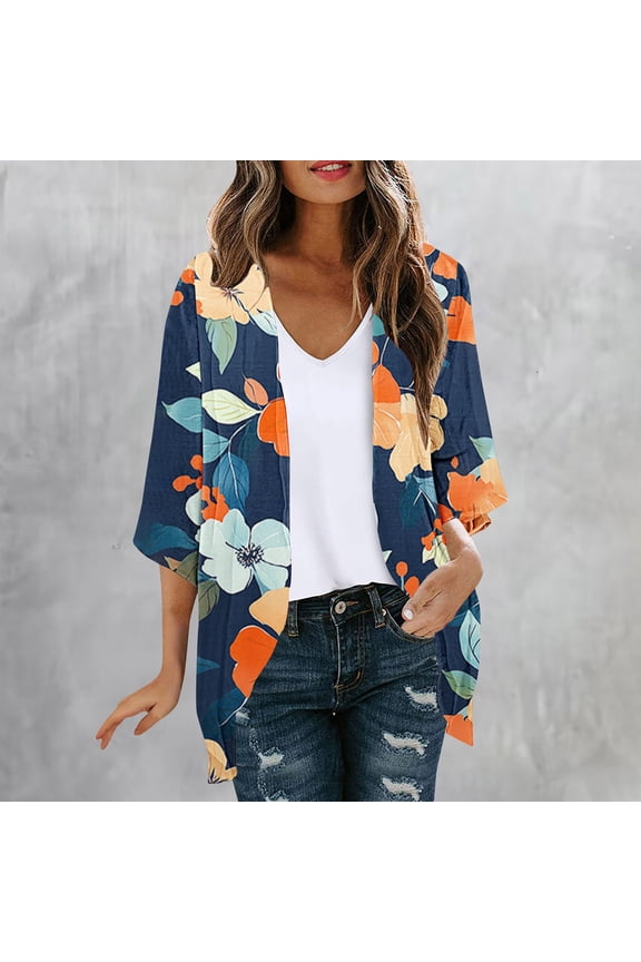 Women's Plus Size Printed Open Front Cardigan Long Sleeve All-Over Floral Loose Jacket for Spring Summer Gift