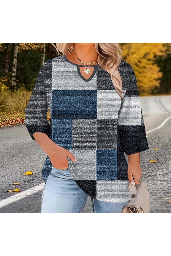Women's Plus Size Printed T-Shirt Round Neck 3/4 Sleeve Chest Hollow-out Design Loose Fit Casual Spring Summer Layering Top Gift