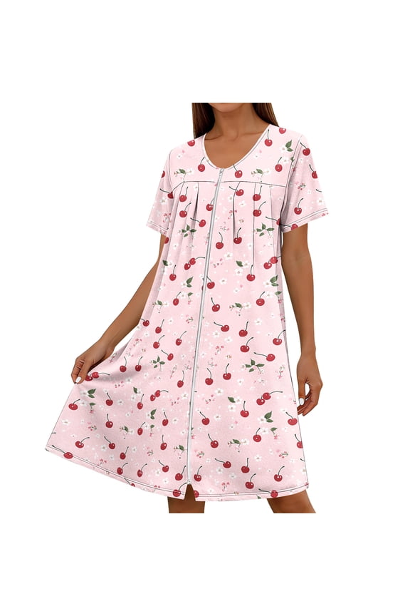 Women's Plus Size Sleep Dress with Zipper Closure, Round Neck, All-Over Print, and Soft Comfortable Fabric Gift