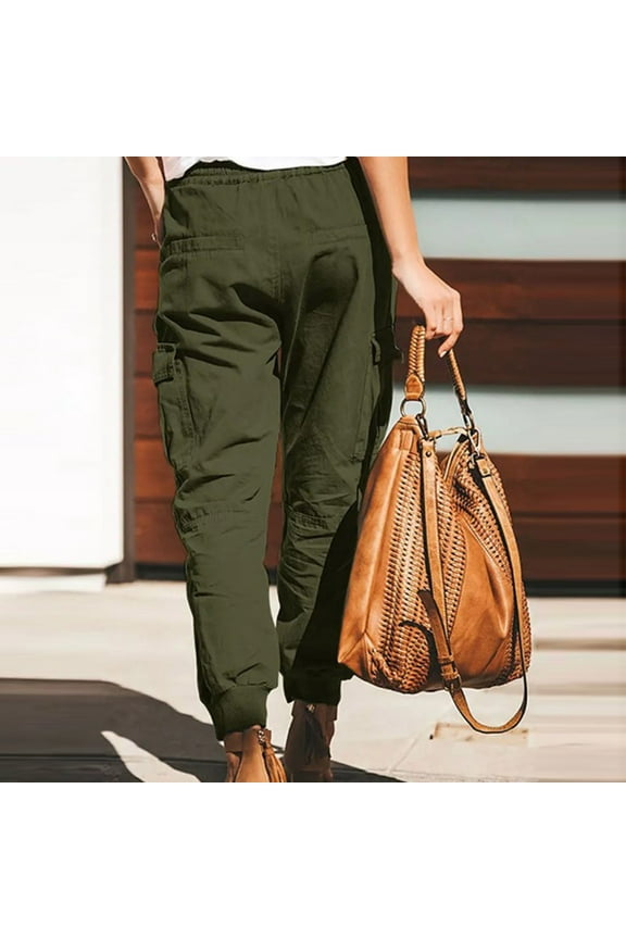 Women's Plus Size Utility Pants Loose Fit Cargo Design with Elastic Waistband Drawstring and Functional Side Pockets for Daily Lounge Gift