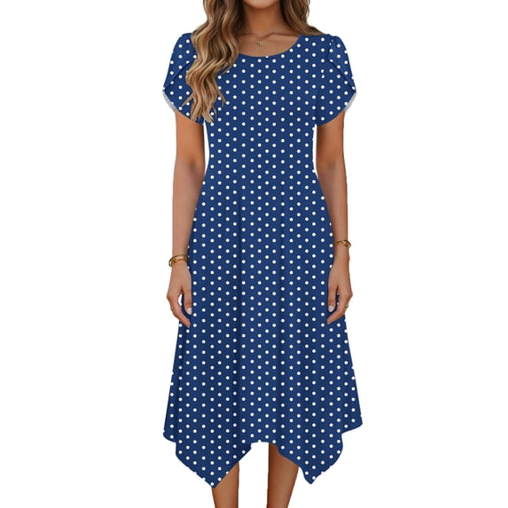 TaTaai Women's Polka Dot Flutter Sleeve Dress Short Sleeve Round Neck Midi Casual Dress with Irregular Hem Lightweight Stretchy Gift