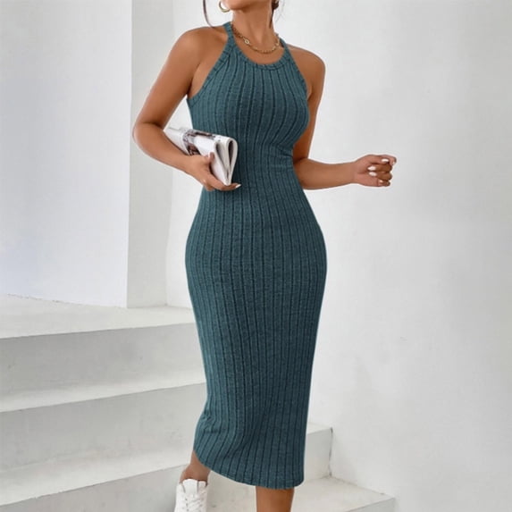 TaTaai Women's Ribbed Halter Neck Midi Dress Sleeveless Round Neck Fitted Bodycon Solid Knee Length for Summer Beach Party Daily Casual Wear Soft Stretchy Gift