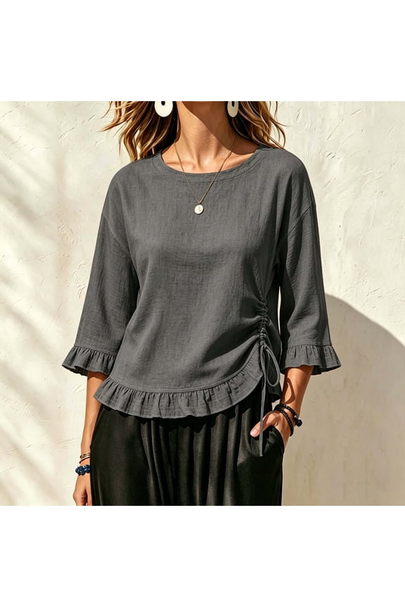 Women‘s Round Neck 3/4 Ruffle Sleeve Side Drawstring Ruched Blouse Casual Summer Top for Daily Lightweight
