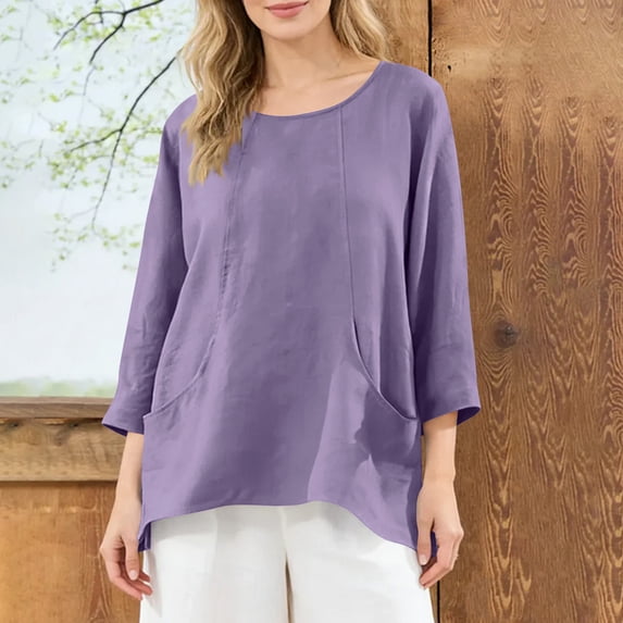 TaTaai Women’s Round Neck Long Sleeve Cardigan Casual Loose Blouses Solid Color Linen Feel Polyester Tops Summer Spring Daily Tees Gift