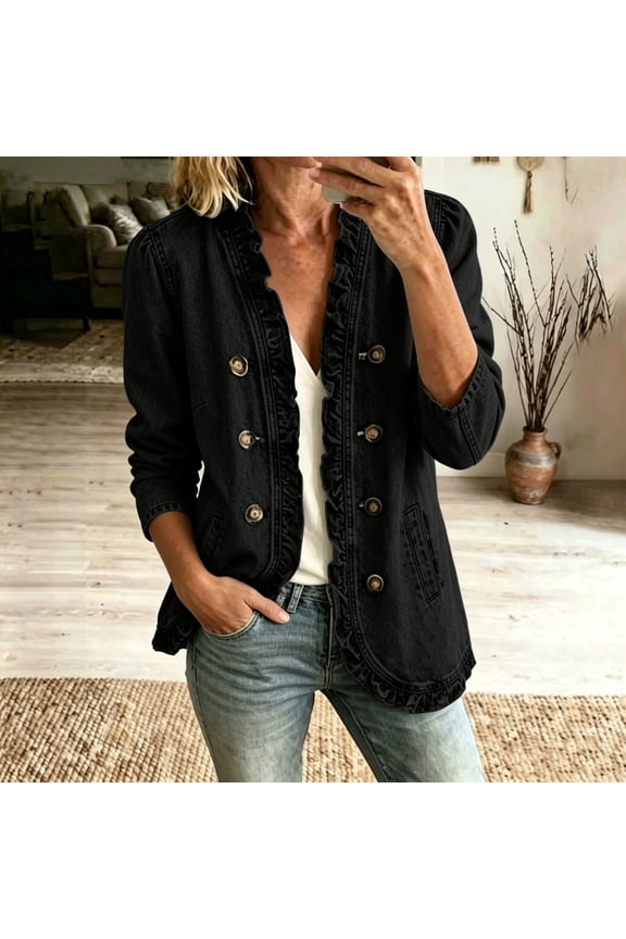 Women's Ruffle Denim Jacket Open Front Double Button Long Sleeve Loose Casual Coat with Pockets for Daily