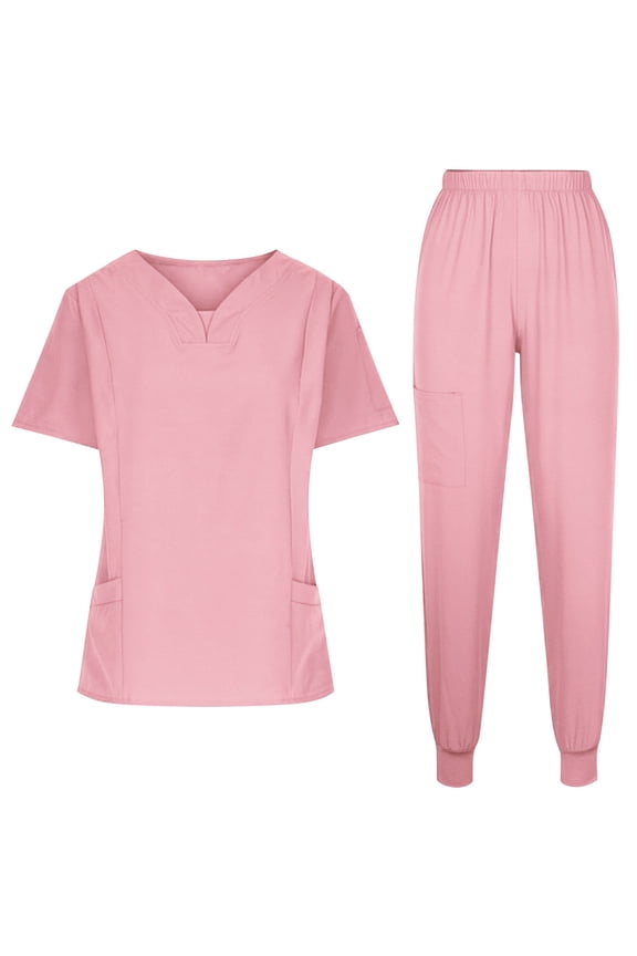 Women's Scrub Set Short Sleeve Round Neck Top with Pockets and Matching Pants Solid Color Nurse Workwear Uniform for Hospital Clinic Daily Gift