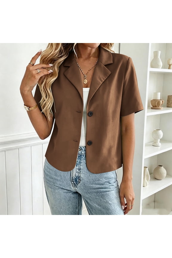 Women’s Short Sleeve Blazer Lapel Short Jacket Solid Color Casual Suit Outerwear for Summer Office Daily Commute