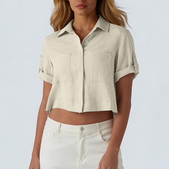 TaTaai Women's Short Sleeve Crop Shirt with Button-Down Collar, Patch Pockets, Rolled Tab Sleeves, and Casual Modern Fit Gift