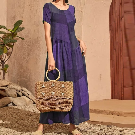 TaTaai Women's Short Sleeve Maxi Dress Round Neck Paneled Loose Fit Casual Ankle Length Solid Color Everyday Summer Dress Gift