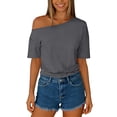 thumbnail image 1 of TaTaai Women's Solid Color Asymmetrical Shoulder Ruched Short Sleeve Sweatshirt Casual Loose Fashion Tops Gift, 1 of 6