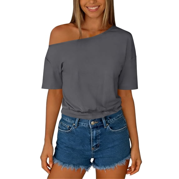 TaTaai Women's Solid Color Asymmetrical Shoulder Ruched Short Sleeve Sweatshirt Casual Loose Fashion Tops Gift