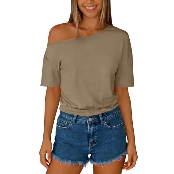 TaTaai Women's Solid Color Asymmetrical Shoulder Ruched Short Sleeve Sweatshirt Casual Loose Fashion Tops Gift