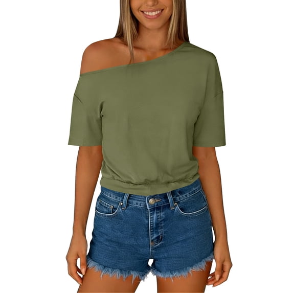 TaTaai Women's Solid Color Asymmetrical Shoulder Ruched Short Sleeve Sweatshirt Casual Loose Fashion Tops Gift
