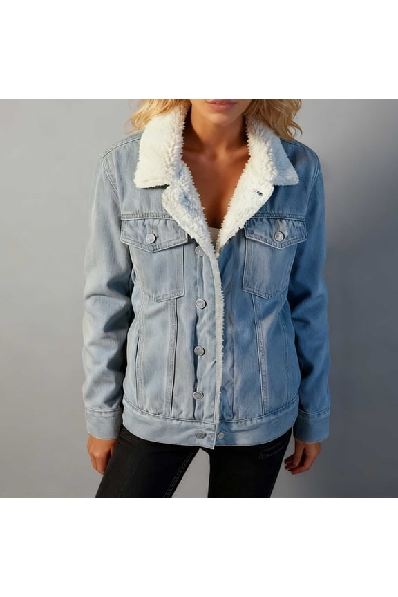 Women's Solid Color Denim Jacket Button Down Long Sleeve Lapel Hoodless Casual Coat with Pockets