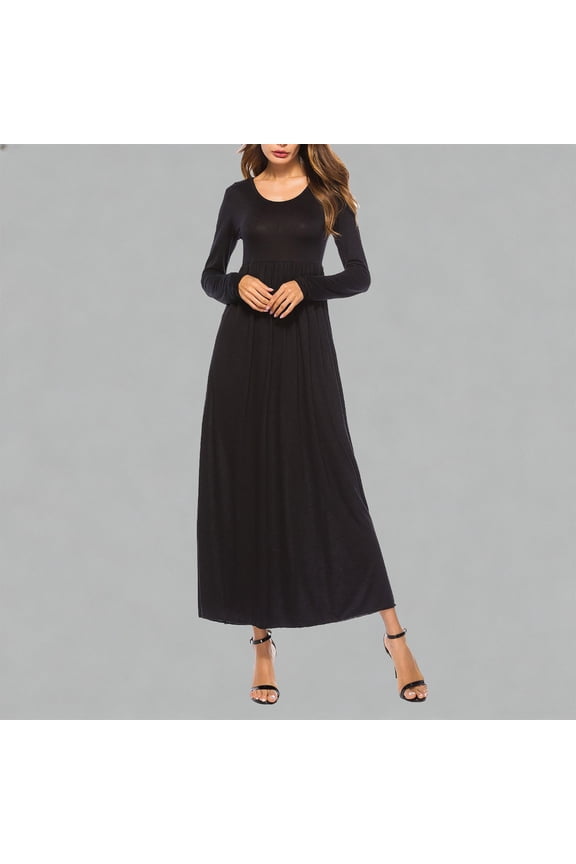 Women's Solid Color Maxi Dress Long Sleeve Round Neck High Waist Loose Fit Ankle Length Casual Elegant spring fall Wear Gift