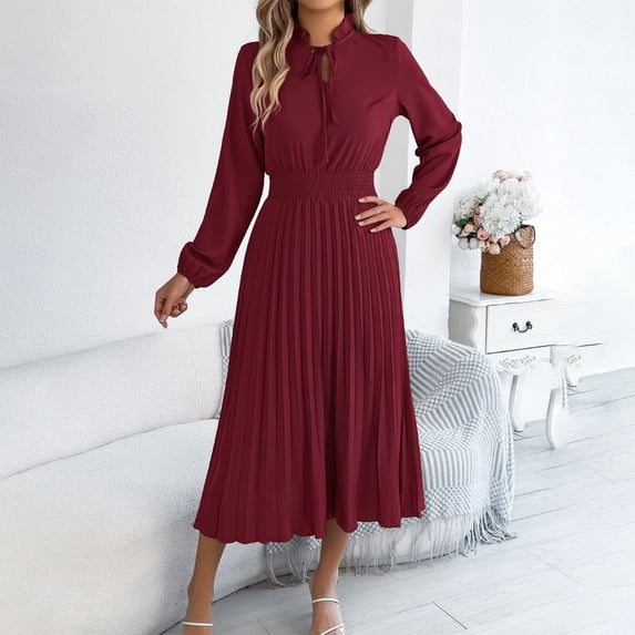 TaTaai Women's Solid Color Maxi Dress V-Neck Tie Detail Lantern Sleeve Pleated Skirt Design Casual Elegant Fall Winter Outfit Gift