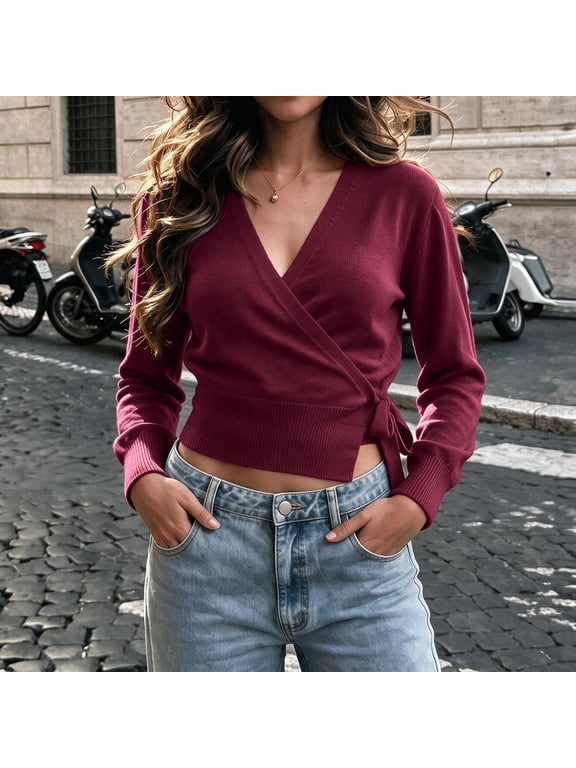 Women's Solid Color V-Neck Knitted Pullover Long Sleeve Side Tied Knitted Top Casual Jacket for Fall